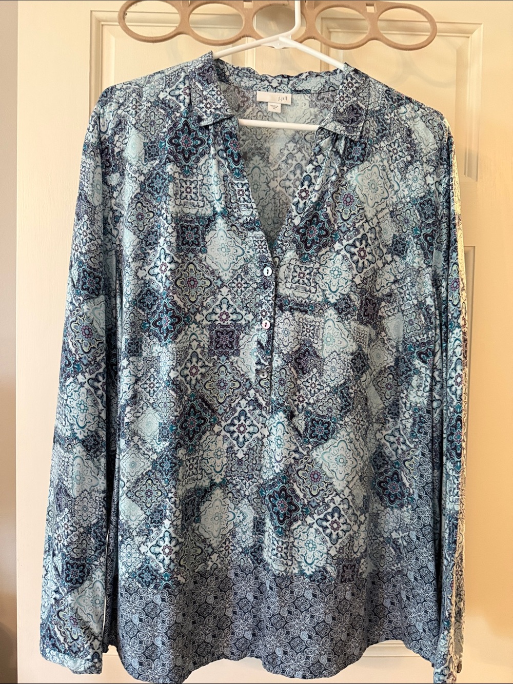 J. Jill Blue Multi Printed Long Sleeve Blouse